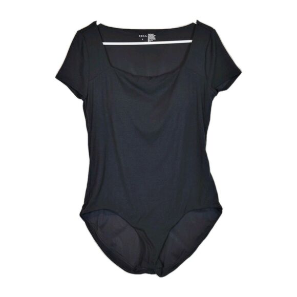 Soma Short Sleeve Square Neck Bodysuit Womens Large Black Ribbed Stretch Soft - Picture 1 of 11
